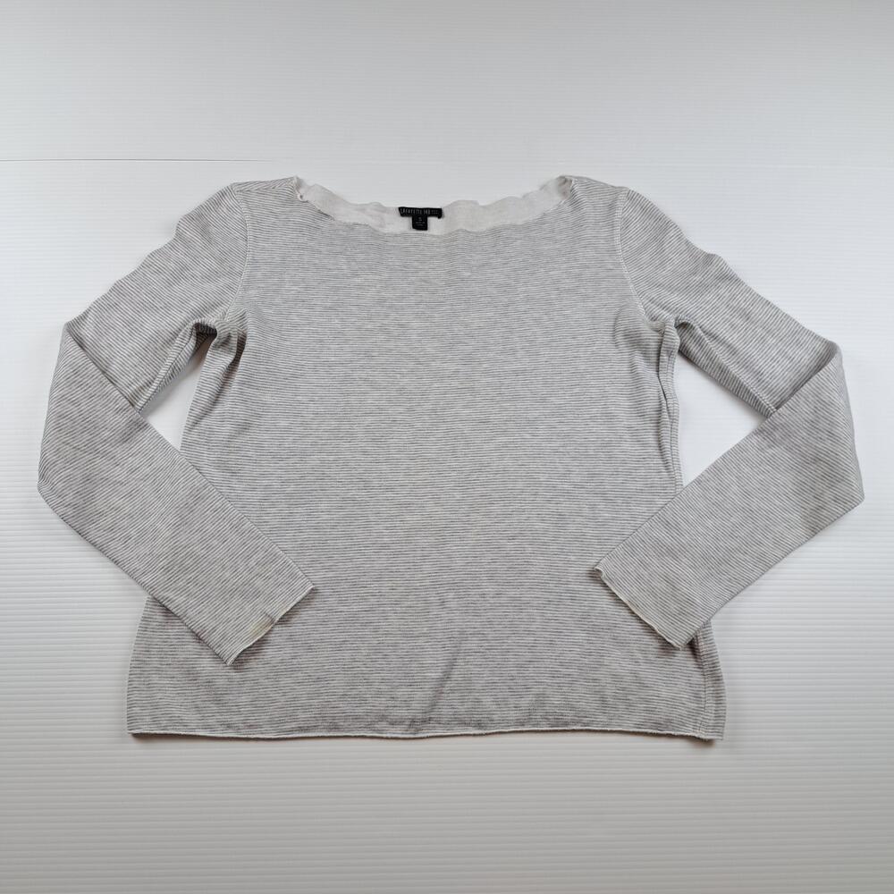 Lafayette 148 Sweater Womens Small Gray Stripe Crewneck Pullover Knit Top Shirt
